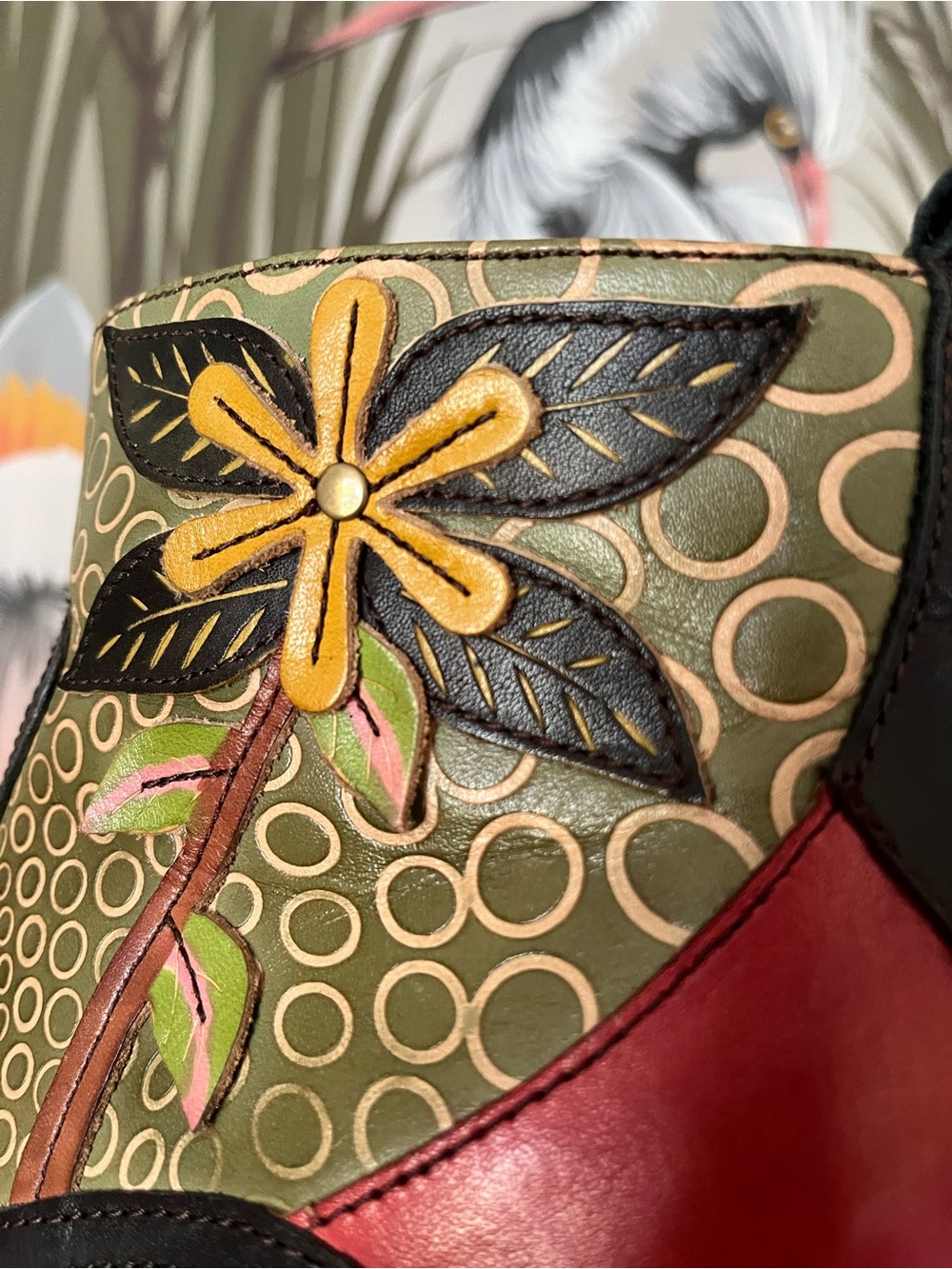 Floral Embroidered Olive & Black Ankle Booties - Picture 2 of 11